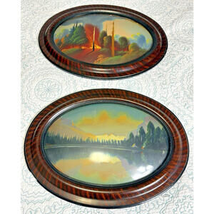 Antique Set 2 Wooden Glass Picture Frame 1 Bubble Convex Glass